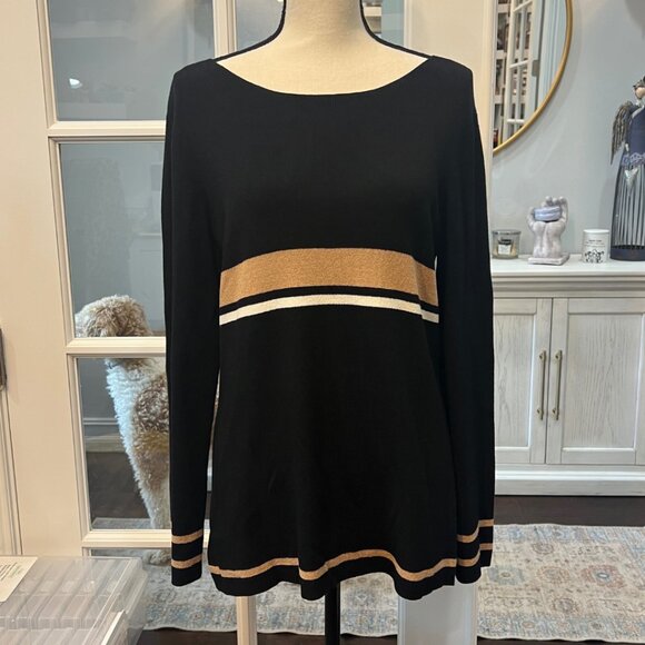 Real Clothes Saks Fifth Avenue Vintage Black Brown Boatneck Sweater L - Picture 1 of 8